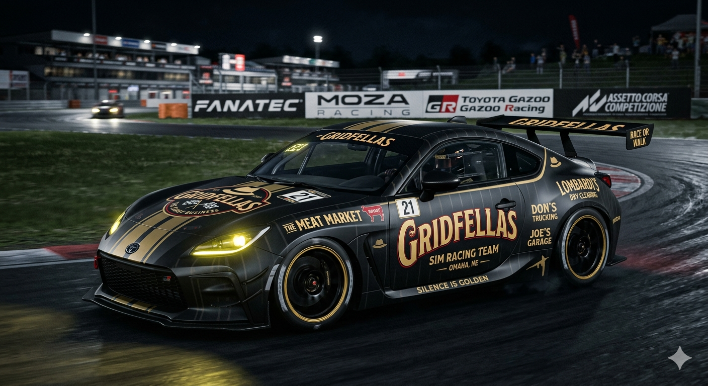 Black and gold Gridfellas GT race car under circuit lights