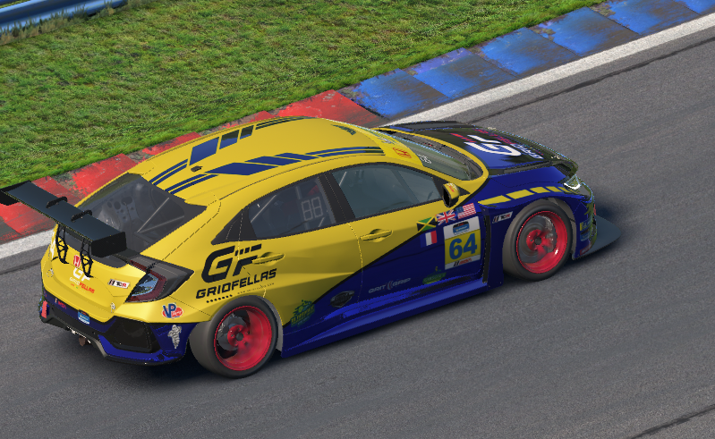 Blue and yellow Gridfellas GT race car driving over a track kerb