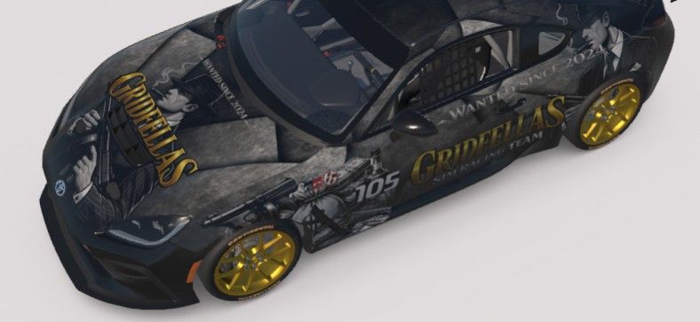 Three-quarter rendering of a black and gold Gridfellas GT3