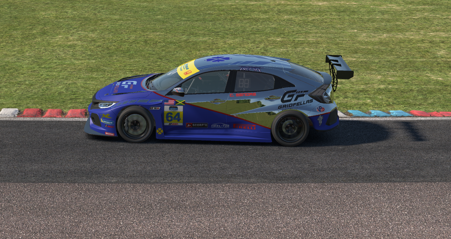 Blue and yellow Gridfellas GT3 racing on track
