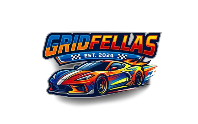Colorful Gridfellas racing badge with a sports car