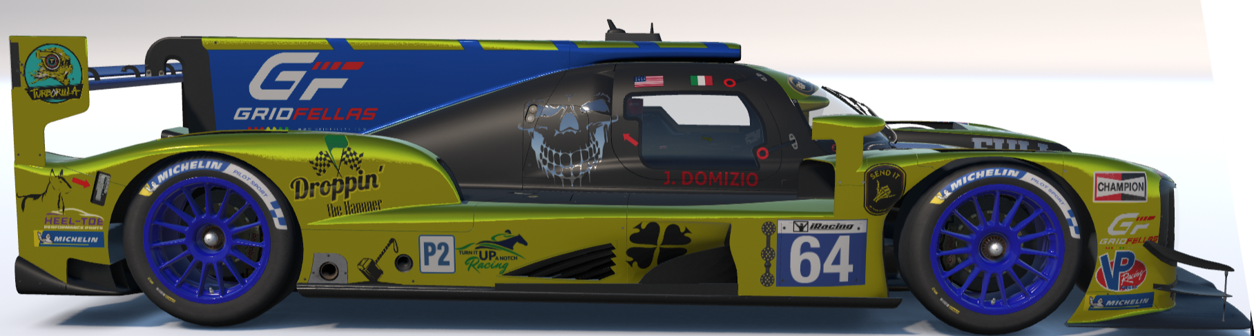 Side profile of the green and blue Gridfellas number 64 LMP2 race car