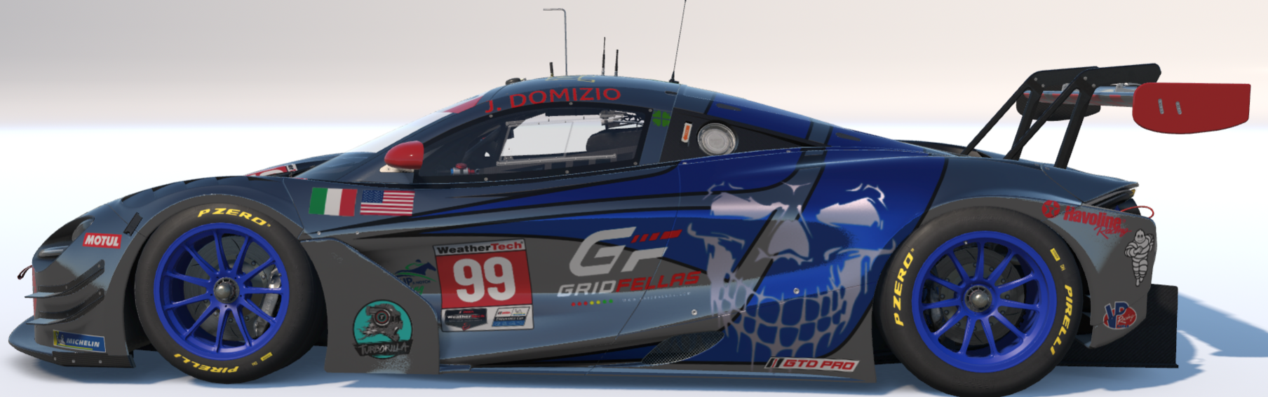 Side profile of the blue Gridfellas number 99 GT3 race car