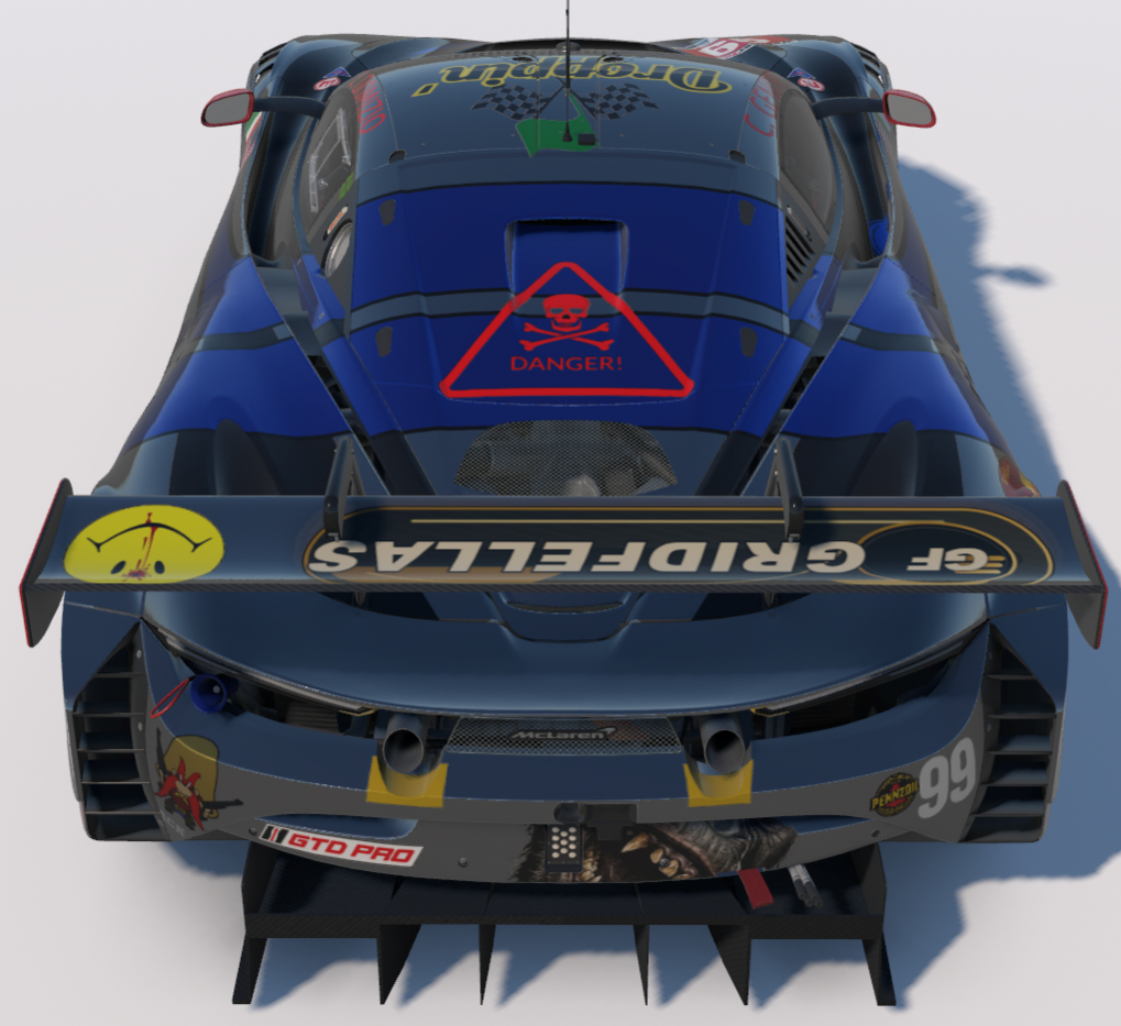 Rear view of the blue Gridfellas number 99 GT3 race car