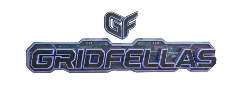 Chrome and blue Gridfellas racing wordmark