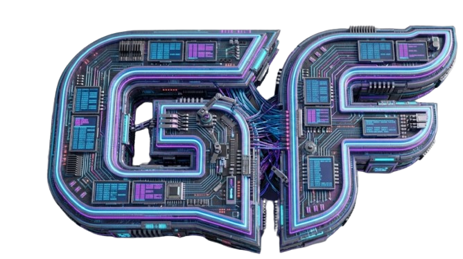 Neon-styled GF monogram with mechanical detailing