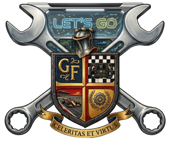 Heraldic Gridfellas crest framed by crossed wrenches