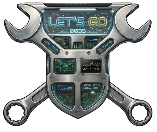 Mechanical Let’s Go shield framed by crossed wrenches