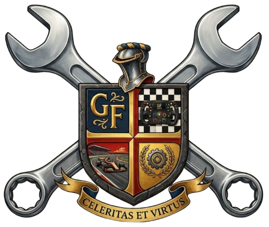 Gridfellas heraldic crest framed by crossed wrenches