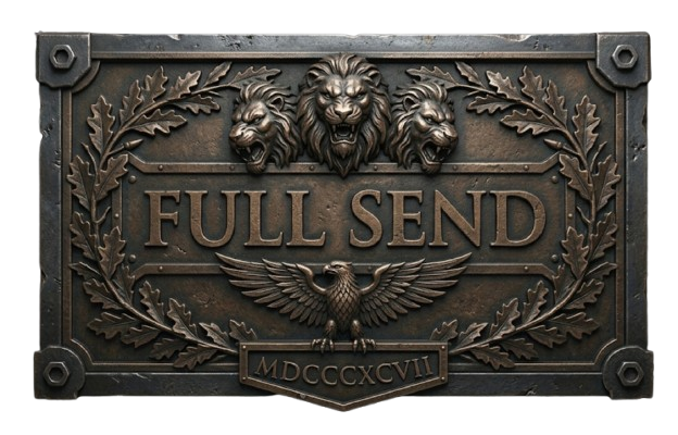 Embossed Full Send metal plaque with lion details