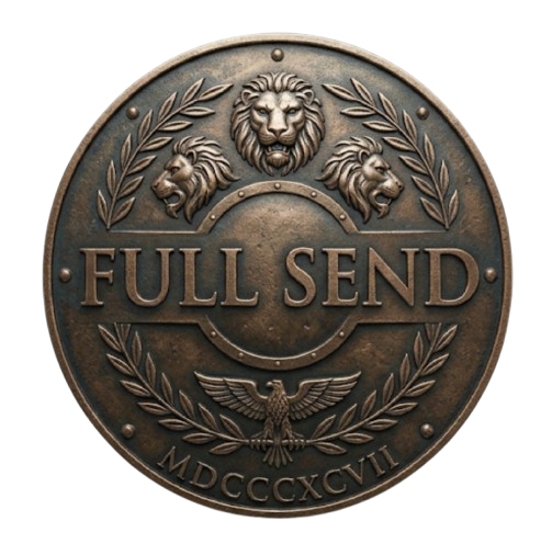 Round embossed Full Send lion medallion