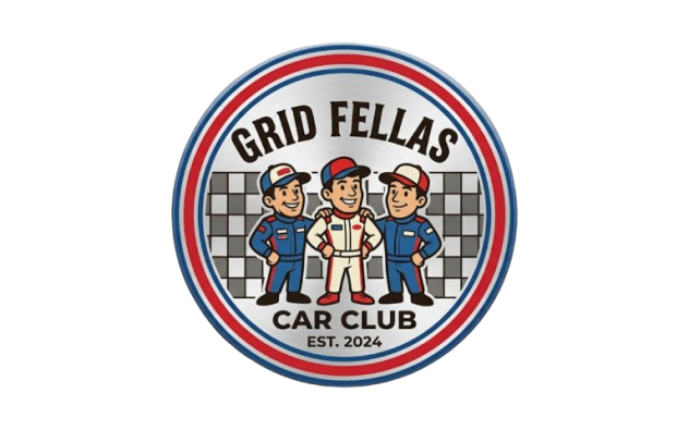 Round illustrated Grid Fellas Car Club badge