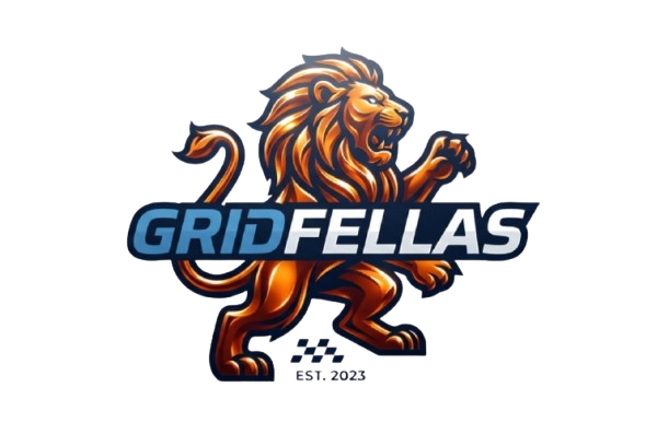 Blue and gold Gridfellas wordmark with a lion mascot