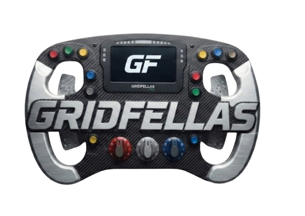 Gridfellas wordmark integrated into a racing steering wheel