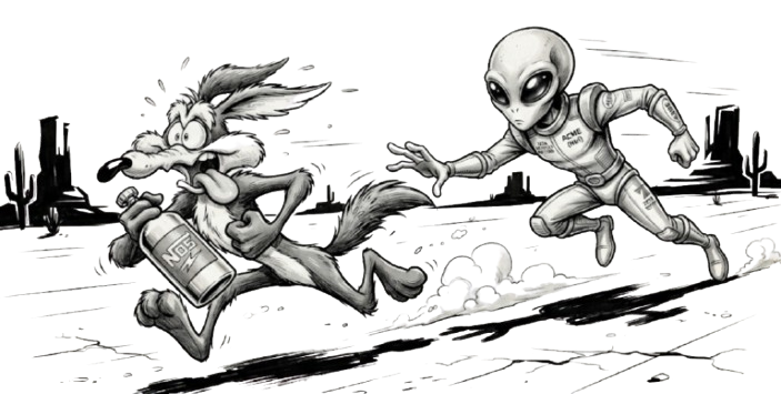 Black-and-white cartoon alien racers