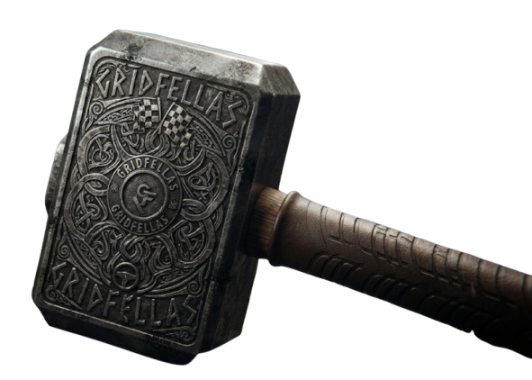 Front view of an engraved Gridfellas hammer