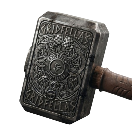 Profile view of an engraved Gridfellas hammer